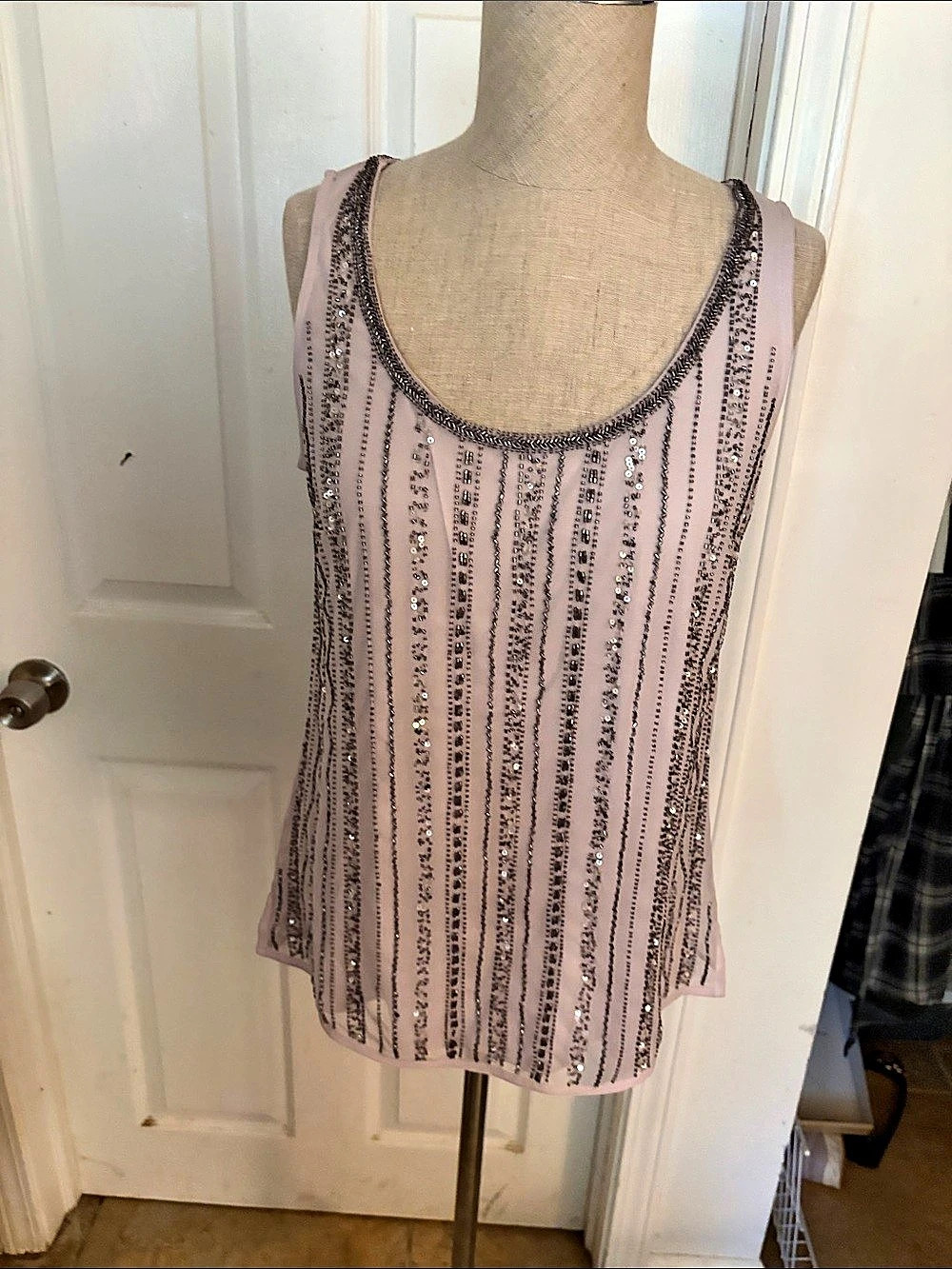 Sequin Striped Tank Top in Pink Like New